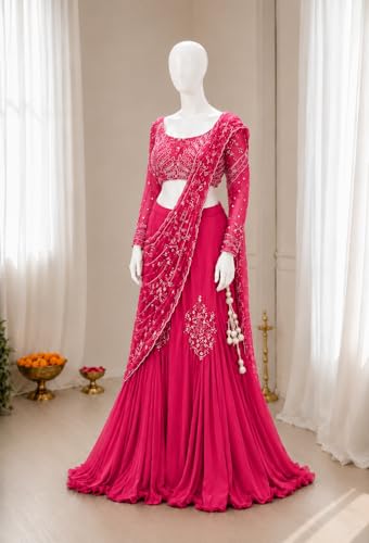 Image of Lehenga choli Womens And Girls Soft Crep Silk Saree With Full-Stitched Blouse With Embroidery Work Wedding navratri party letest
