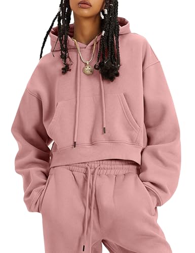 Flygo Womens Fleece 2 Piece Outfits Sweatsuit Crop Pullover Sweatshirt Joggers Pants Tracksuit Set