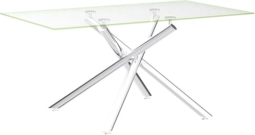 Miniatura 4 de Mesa de comedor de vidrio de 63 pulgadas para 6, patas plateadas, mesa de cocina rectangular de vidrio para 4-6 personas, muebles de mesa para el