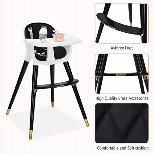Image of INFANS Baby High Chair, 3 in 1 Convertible Wooden Highchair for Babies & Toddlers, Modern Infant Feeding Chair with 5-Point Safety Harness, Footrest, Adjustable Legs, Removable Tray PU Cushion
