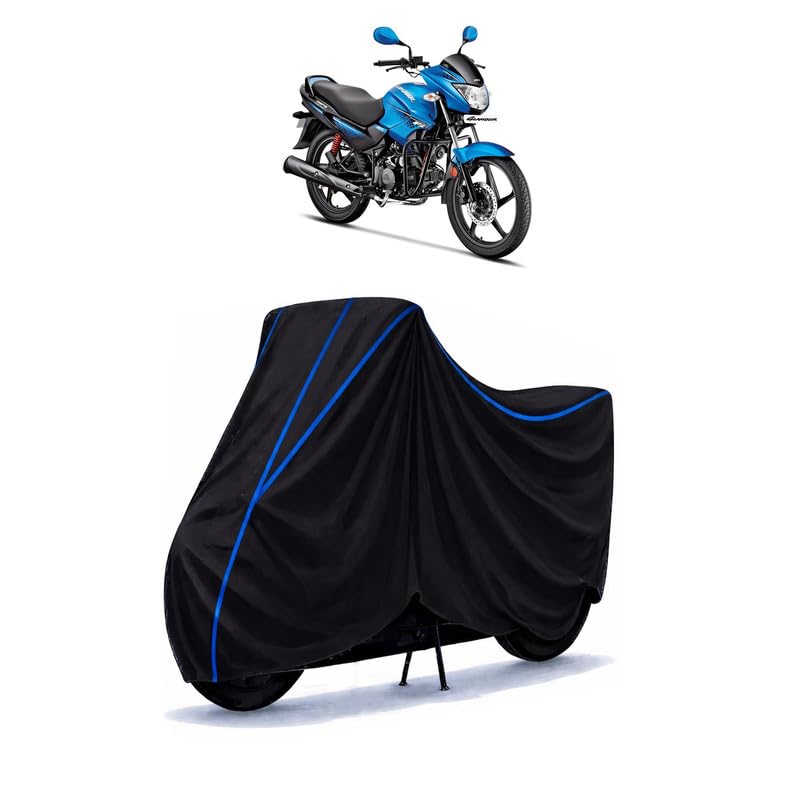 Image of Hero Glamour Programmed FI Bike Cover Water Resistant Universal Motorcycle Rain | Heavy Duty UV Protection, Dust, Scratch Indoor Outdoor All Weather with Black Blue Piping Elastic