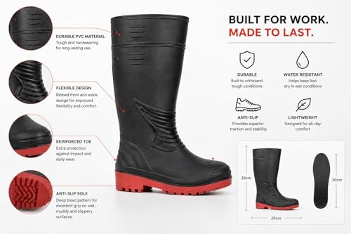 Image of Men's PVC Gumboot, Black with Red Anti-Slip Sole, 16 Inch, Water & Oil Resistant, Reinforced Toe, Labour Safety Boot