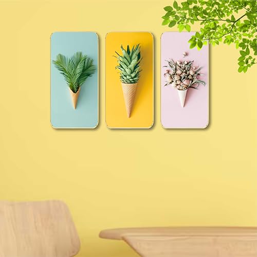 Image of SAF Ice Cream Cone Botanical Wall Painting - 3 Panel Modern Art with Plants, Pineapple & Flowers | Colorful MDF Board Wall Decor with Golden Frame for Living Room & Bedroom (20 X 35 Inch) SG-53