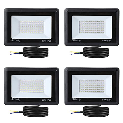 Blivrig 4 x 50 W LED Outdoor Spotlight Cool White 6500 K, 5000 LM Outdoor LED Floodlight, IP66 Waterproof LED Wall Light