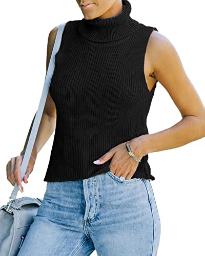 Image of Womens Sleeveless Sweater Vest Turtleneck Ribbed Knit Tank Tops Basic Slim Fit Top