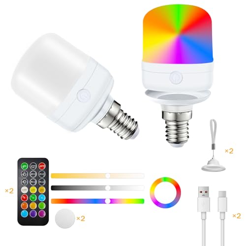 Joyes 2-Pack E14 Rechargeable LED Bulbs, USB-C, 12-Color RGB, Dimmable, Portable, Magnetic Mount, Timer&Remote – 7W Battery Powered Light Ideal for Indoor & Outdoor Non Hardwired