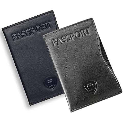 Alban Passport Cover Holder RFID Leather Travel Organizer Sleeve for Men and Women Navy Blue & Black Duo Cover
