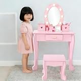 子供ドレッサー おままごと ドレッサー 木製 椅子付き LEDライト 鏡台 引き出し収納 姫系 小さい化粧台 メイクセット 女の子 ピンク