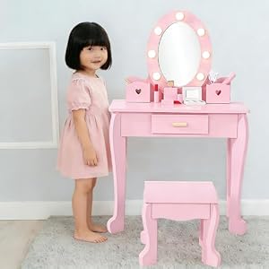 子供ドレッサー おままごと ドレッサー 木製 椅子付き LEDライト 鏡台 引き出し収納 姫系 小さい化粧台 メイクセット 女の子 ピンク
