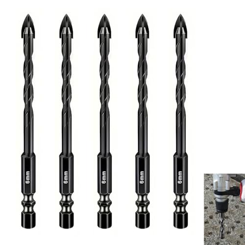 5 Pcs Tile Drill Bit 6mm Ceramic Drill Bit Professional Cross Tungsten Carbide Masonry Tip Drill Bits for Tile Brick Glass Porcelain Concrete Plastic Wood Cement Mild Metal for Drilling Holes