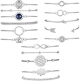 Hicarer 16 Piece Layered Bracelet Set Women Silver Bracelets Vintage Hand Chain Adjustable Charm Pendent Stack Bracelet Christmas Gifts for Women