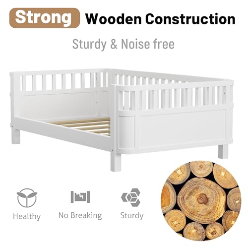 Twin Size Montessori Bed with Guardrails, Wood Kids Bed Frame with Slats Support, Low to Ground Modern Baby Bed with Removable Side Rails for Boys Girls Bedroom Living Room, White - Thumbnail 5