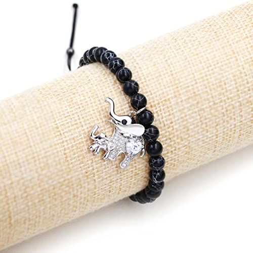 Image of Matte Agate Black Onyx /Turquoise Beads Bracelet, Good Luck Mom and Baby Elephant Bracelet, To My Mom Bracelet Gifts for Mothers Day from Daughter