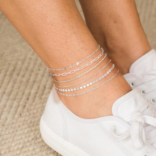 Image of Tewiky Waterproof Ankle Bracelets for Women, 14K Real Gold Plated Anklets for Women 6PCS Anklet Set Dainty Summer Beach Jewelry
