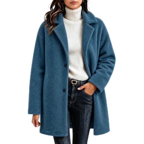 Image of Fleece Jacket Women Teddy Fleece Jacket Women Thick Warm Button Down Fluffy Sherpa Jackets Fashion Classic Notched Lapel Long Coat Loose Fit Cosy Casual Daily Winter Coats Navy