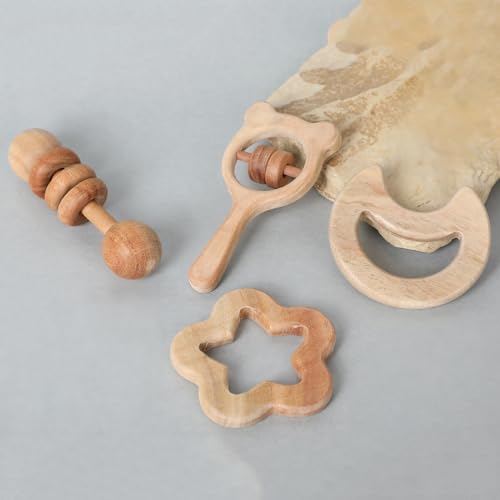 Image of Babbles Neem Wood Teethers for Babies | Wooden Teethers for 6 to 12 Months Baby | Natural and Antibacteria (Star + Moon + Dumbbell + Micky)