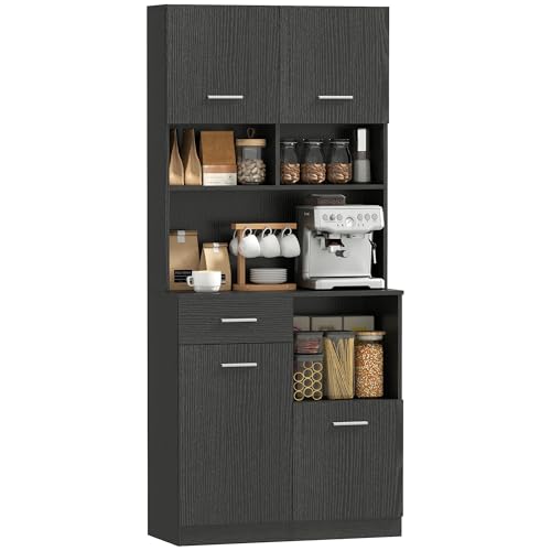 HOMCOM Küchenschrank, Hochschrank mit verstellbaren Regal, Schublade, Buffetschrank mit Soft-Close-Tür, Vitrinenschrank Aufbewahrungsschrank für Küche, Esszimmer, 80 x 35 x 180 cm, Schwarz