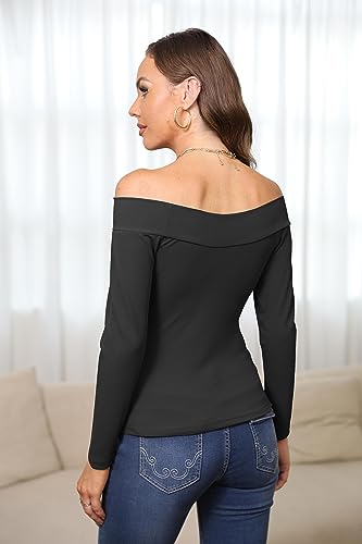 Fessceruna Camiseta de manga larga para mujer, sexy, con hombros descubiertos, elegante, para otoño, informal, ajustada, Negro , S