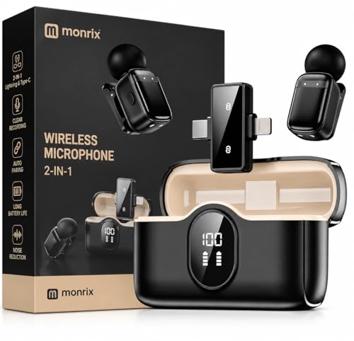 Image of 2-in-1 Wireless Microphone with Type-C & Lightning Receiver, Noise Reduction, Auto Pairing, LED Case Display, Long Battery for iPhone & Android