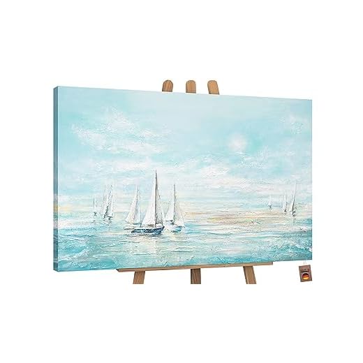 YS-Art Pintura hecha a mano en acrílico Azul marino Paisaje marino en turquesa con veleros blancos Motivo veraniego Arte moderno 120x80 cm