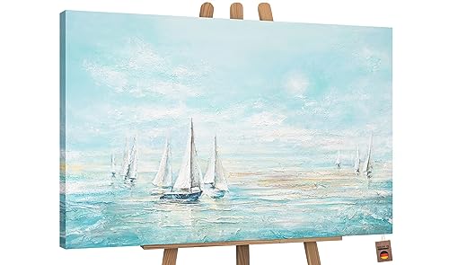 YS-Art Soggiorno arte astratta moderna Blu mare Pittura acrilica su tela Dipinta a mano mare barche a vela colori blu 120x80 cm
