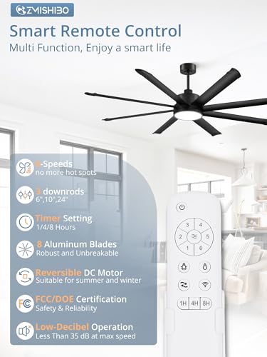 ZMISHIBO 72 Inch Ceiling Fans with Lights, Indoor/Outdoor Industrial Ceiling Fan with 8 Aluminum Reversible Blade, Quiet DC Motor, 3CCT&6-Speed Remote Control, Damp Rated for Living Room/Garage/Gazebo — view 4