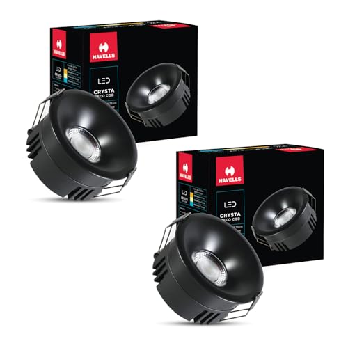 Image of Havells Crysta Deco Cob 7W 3K Matt Black,Led-Spotlights,Energy Efficient,Long Life of 25000 Burning Hours,Beam Angle of 36,Metal Body Cob with Independent Driver,Warm White (3000K) Pack of 2