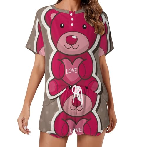 Pyjama femme manches courtes ensemble rouge ours vêtement de nuit été léger et doux