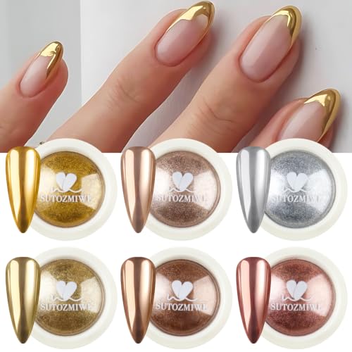 6PCS Chrome Nail Powder Metallic Mirror Pigment Glitter Effect Holographic Powder for Nails, Rose Gold Silver Champagne Rubbing DIY Dust for Nail Designs Decoration Supplies