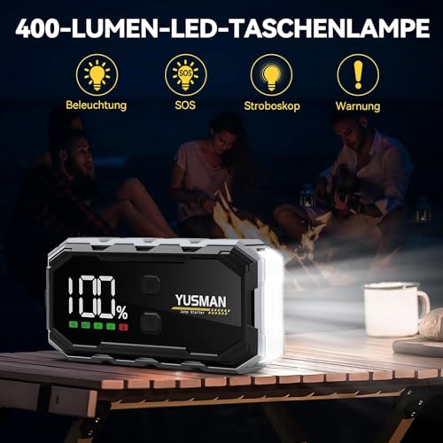YUSMAN Starthilfe Powerbank 5000A, 12V Starthilfe Powerbank für pkw(8L Benzin oder 6L Diesel), powerbank starthilfe Auto mit LCD Display und Unterstützt 4 LED-Lichtmodi