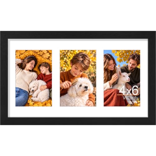 Vittanly 8x14 Collage Picture Frame, Displays 3Pcs 4x6 Pictures, Black | Picture Frame Collage for 3Pcs 4x6 Photos with Mat, MDF Photo Frames with Plexiglass, Horizontal or Vertical Display