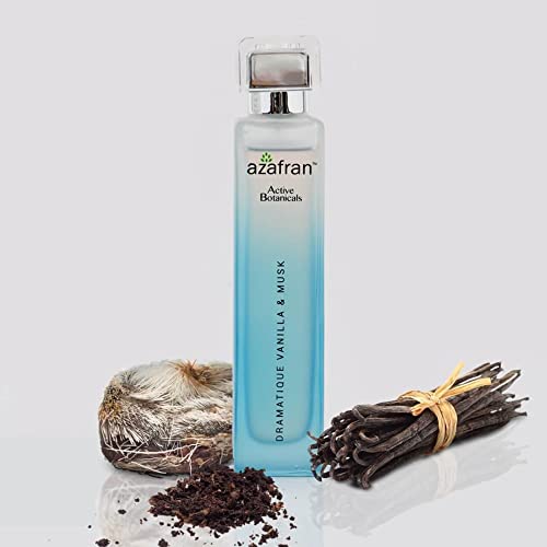 Image of Azafran Active Botanicals Fragrances - Dramatique Vanilla and Musk 80ml - Long Lasting Wood Fragrance, Alcohol-Free Organic Perfume for Men & Women, Ideal Birthday Gift for Men, No Parabens or Sulphates