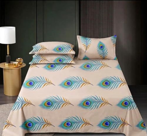 Image of Castiqa Elastic Fitted Supersoft Premium Polycotton 200TC Super King Size 108x108Inch Jointless Bedsheet with 2 Pillow Covers (Pankh, Super King 108x108inch (12 inch Mattress))