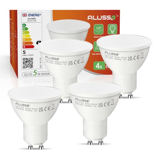 ALUSSO GU10 LED Lampe, 5W LED Leuchtmittel 6000 Kelvin Kaltweiß 400 Lumen ersetzt 50W Halogenlampen Abstrahlwinkel 120 ° Reflektor Lampen, 4 Stück