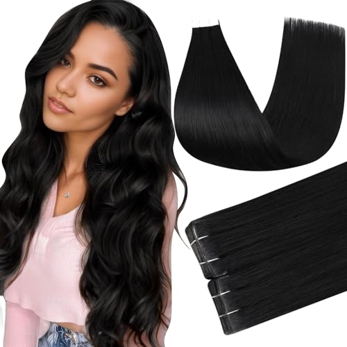 Image of Full Shine Insert Tape ins Human Hair Extensions Color 1 Black Tape in Extensions Human Hair Injection Seamless Skin Weft 22Inch Long Remy Straight 50Gram Add Length Brazilian 20Pcs