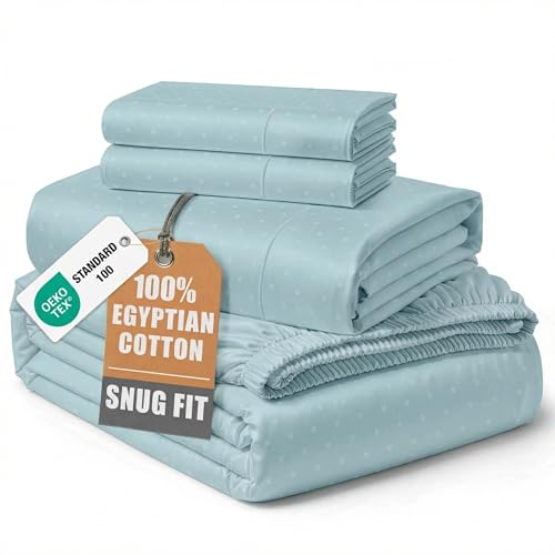 Image of LANE LINEN King Top Sheets Only 100% Egyptian Cotton Sateen - Blue Sky | King Size Bed Sheets Deep Pockets - 4-Piece Set, For A Luxurious Night's Sleep, For Guests And Everyday Use, Plush