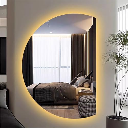 LED Anti-Fog Bathroom Mirror, Touch Switch Lighted, Dimmable Tri-Color, Frameless Wall-Mounted Decorative Semi-Circle Mirror, 43" 47" 51" (Right Semicircle, 70x110cm)