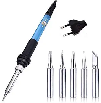 Techtest 60W 220V Temperature Adjustable Electric Welding Solder Soldering Iron Rework Station Handle Heat Pencil Tool -Blue (Soldering Iron With Bits)