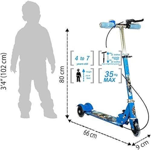 Image of Foldable Kick Skating Cycle LED Wheels | Kids 3 Wheel Kick Scooter with Adjustable Handlebar & Hight, Front Brake, Bell and Printed Deck | Skate Scooter for Kids Age 2-12 Years. (Blue)