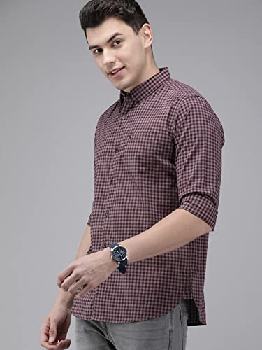 Image of THE BEAR HOUSE Men's Maroon Cotton Slim Fit Button-Down Casual Shirt