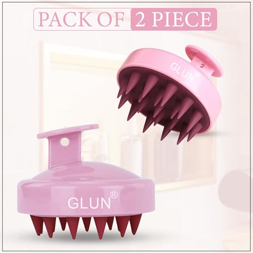 Image of GLUN Pack of 2 Scalp Shampoo Brush - Silicone Hair Scalp Massager for Dandruff Removal & Deep Cleansing (Pink)