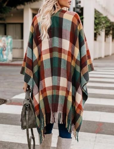 Image of Bestshe Women's Boho Open Front Poncho Plaid Shawl Wrap Cape