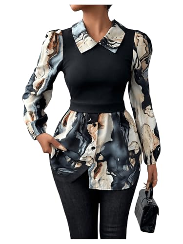 GORGLITTER Women's Long Sleeve Peplum Tops Blouse Dressy Casual Button Down Collared Shirts Fall Teacher Baby Doll Tops