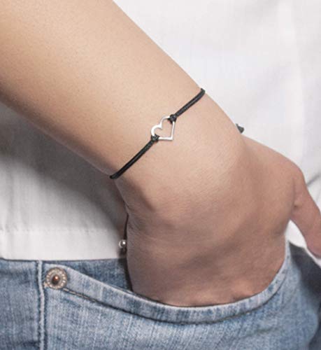 Black Womens Friendship Bracelet, Small Sterling Silver 925 Open Heart Shaped Charm, Pull Adjustable Kindred Cord Thread, Handmade By Claudia Lira. Perfect Small Gift (10% Promo) #TOP4
