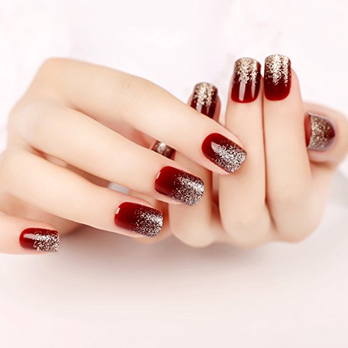 YUNAI Deep Burgundy Gradient Glitter Fake Nails Art Salon Manicure Beauty Nail Patch False Nails with Design for Women French Full Nail Tips
