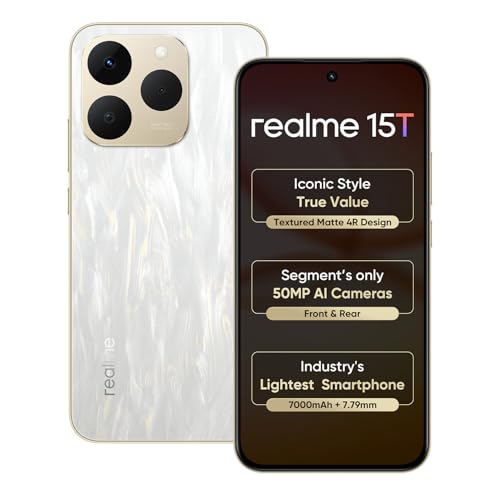 Image of realme 15T 5G Smartphone 12+256GB Flowing Silver,6.67inch Screen, 120Hz Display,7000mAh Battery,60W Fast Charge,Front & Rear Dual 50MP Cameras, Dimensity 6400 Max 5G Chipset,IP69