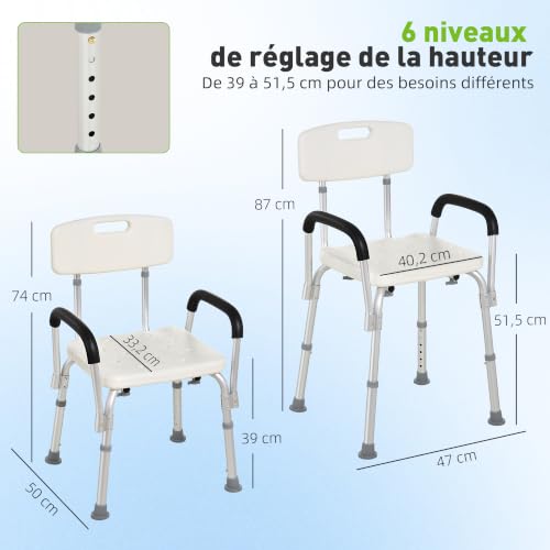 Chaise de douche ergonomique réglable 6 hauteurs HOMCOM