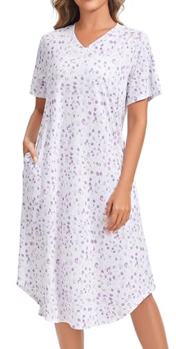 Image of Kabento Nightgowns for Women Cotton Short Sleeve Long Night Gowns with Pockets