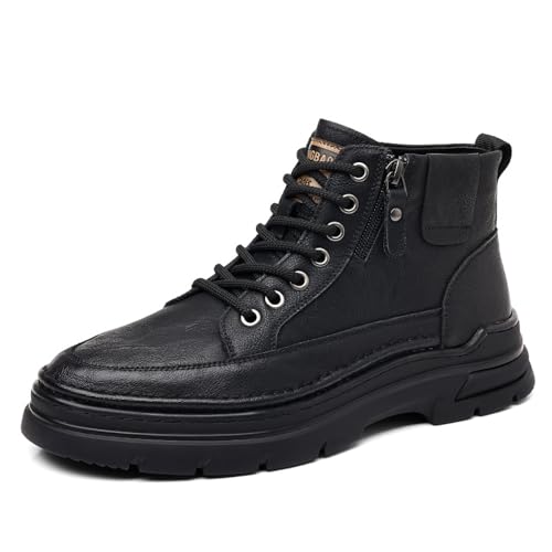 Men'S Leather Chukka Boot With Side Zipper Round Toe Comfort Fleece-Lined Anti-Slip Platform Lace-Up Casual Oxford Boots For Hiking Travel Motorcycle