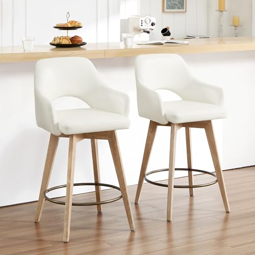 Image of Zesthouse Swivel Bar Stools Set of 2, Wooden Counter Height Barstools with Arm & Back, Upholstered PU Leather Counter Stools with Distressed Solid Wood Legs, High Chair for Kitchen Island, Cream White